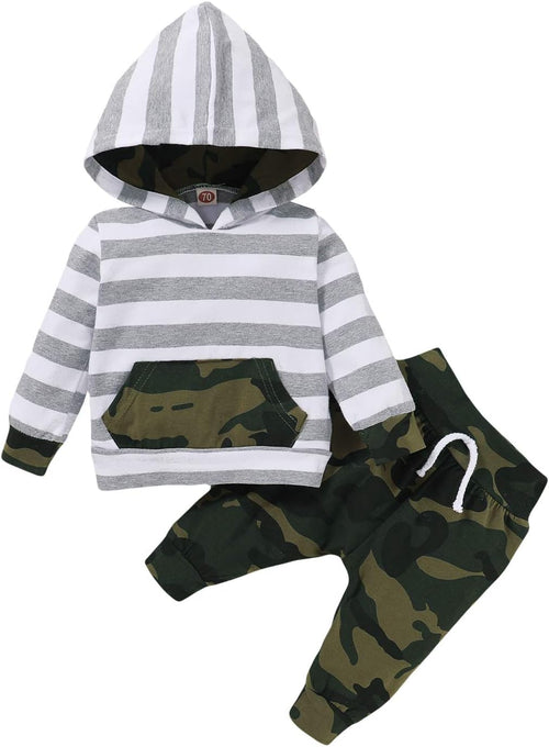 Baby Boy Hoodie Set Cotton Long Sleeve Sweatsuit Tops 2Pcs Camouflage Striped Long Pants Infant Winter Clothes Outfits 6-9 Months