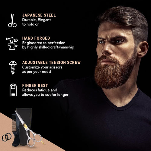 Beard & Mustache Scissors for Men - 5.5" Japanese Steel, Silver - Precision Sharp Blades, Ergonomic Finger Rest & Adjustable Tension Screw for Perfect Trimming - Beard Grooming Scissors